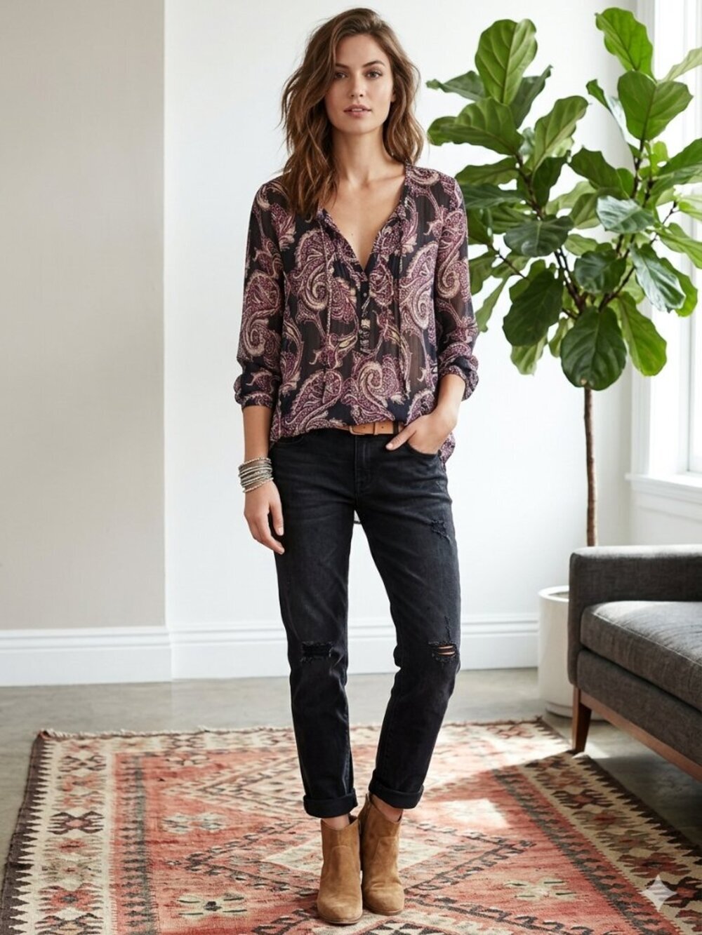 Lucky Brand Women Large Paisley Print Long Sleeve 3/4 Button Front V-Neck Top